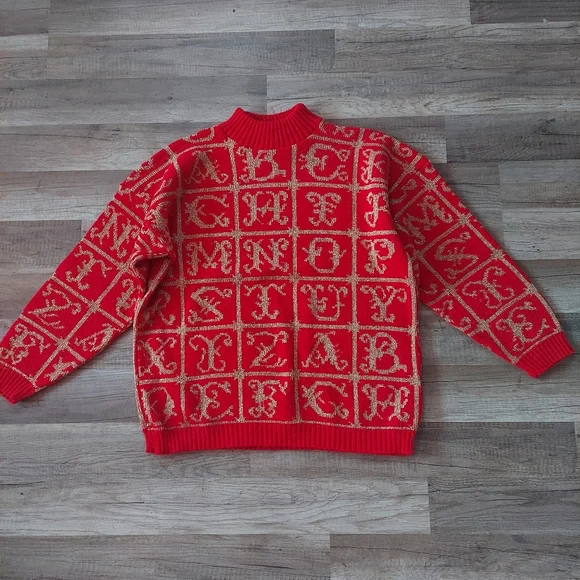 Vintage Red Gold Alphabet Mock Neck Sweater Medium - Picture 2 of 8